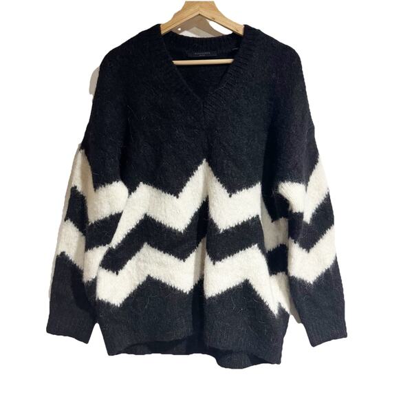 ALL SAINTS Ziggi V-Neck Sweater Women's Size Small Black/Chalk White Alpaca Bld - Picture 1 of 6
